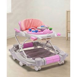 Babyhug Champ 2 in 1 Multifunctional Rocker cum Walker with Lights I Musical Play tray cum feeding tray - Pink| Removable Foot Mat| Smooth Swivel Wheels| Compact Fold
