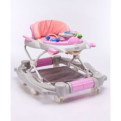 Babyhug Champ 2 in 1 Multifunctional Rocker cum Walker with Lights I Musical Play tray cum feeding tray - Pink| Removable Foot Mat| Smooth Swivel Wheels| Compact Fold