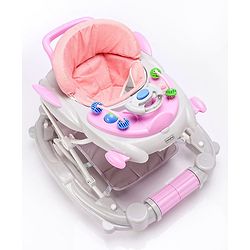 Babyhug Champ 2 in 1 Multifunctional Rocker cum Walker with Lights I Musical Play tray cum feeding tray - Pink| Removable Foot Mat| Smooth Swivel Wheels| Compact Fold