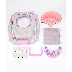 Babyhug Champ 2 in 1 Multifunctional Rocker cum Walker with Lights I Musical Play tray cum feeding tray - Pink| Removable Foot Mat| Smooth Swivel Wheels| Compact Fold