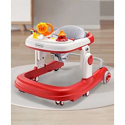 Babyhug Zest Musical Baby Walker With Adjustable Height anti Fall Protection & Toy Bar- Red & White| Rear Wheels with Speed Control| Removable Toy Tray| Adjustable Cushion Seat| BIS Certified