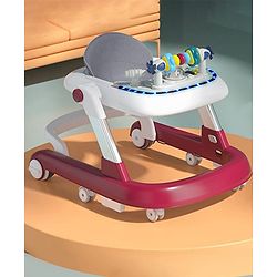 Babyhug Laugh & Learn Multifunctional 2 in 1 Baby Walker With anti Fall Protection & Adjustable Height - Red White| Musical Play Tray with Light| Easy Compact Folding| Swivel Wheels| Smart Speed Control| Push Walker