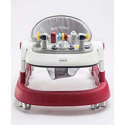 Babyhug Laugh & Learn Multifunctional 2 in 1 Baby Walker With anti Fall Protection & Adjustable Height - Red White| Musical Play Tray with Light| Easy Compact Folding| Swivel Wheels| Smart Speed Control| Push Walker
