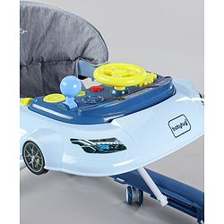Babyhug Little Racer Car Shape Walker - Blue| Removable Toy Tray| Smooth Swivel Wheels| Light & Music| Comfortable Seat