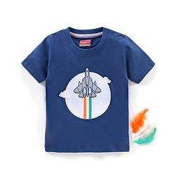 Babyhug Half Sleeves Cotton T-Shirt Rocket & Indian Flag Print - Navy Blue