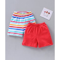 Babyhug Mid Thigh Length Knit Cotton Shorts Stripes Print Pack of 2- Red White