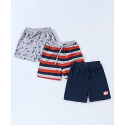Babyhug Cotton Knit Mid Thigh Length Shorts Rugby Print Pack of 3 - Navy Blue, Red & Grey