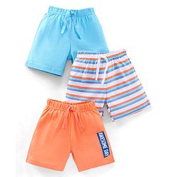 Babyhug Cotton Knit Mid Thigh Length Striped Shorts Pack of 3 - White Orange Blue