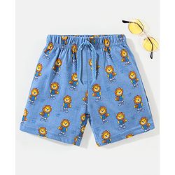 Babyhug Cotton Knit Mid Thigh Length Shorts Lion Print- Blue