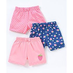 Babyhug Cotton Knit Mid Thigh Length Short Strawberry Print Pack of 3 - Pink & Navy Blue