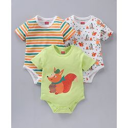 Babyhug 100% Cotton Half Sleeves Onesies Striped And Squirrel Print Pack of 3 - Multicolour