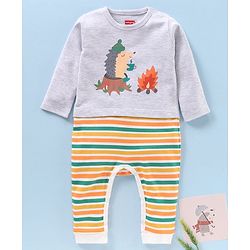 Babyhug Cotton Knit Full Sleeves Printed Romper - Grey