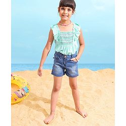 Babyhug Mid Thigh Denim Washed Shorts With Stretch - Medium Blue