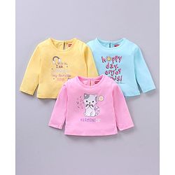 Babyhug Full Sleeves Tees Kitty & Text Print Pack of 3 - Multicolor