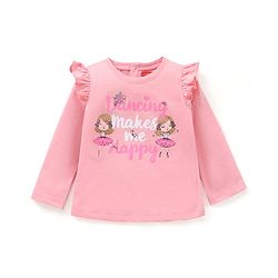 Babyhug Cotton Knit Full Sleeves T-Shirt with Frill Detailing Text Print - Pink