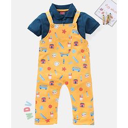 Babyhug 100% Cotton Dungaree With Half Sleeves T-Shirt Set Star Print - Blue Yellow