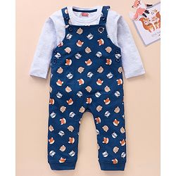 Babyhug Cotton Knit Full Sleeves Solid Tee & Fox Printed Dungaree - Grey Blue