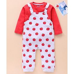 Babyhug Cotton Knit Full Sleeves Solid Tee & Apple Printed Dungaree - Red & Grey