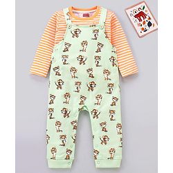 Babyhug Cotton Dungaree and Full Sleeves T-Shirt Set Cat Print - Orange and Green