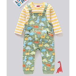 Babyhug Single Jersey Dungaree with Full Sleeves Striped T-shirt - Green and Yellow