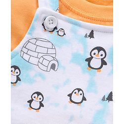 Babyhug Cotton Knit Full Sleeves Solid Tee & Igloo & Penguin Printed Dungaree - Orange & Light Blue