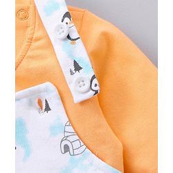 Babyhug Cotton Knit Full Sleeves Solid Tee & Igloo & Penguin Printed Dungaree - Orange & Light Blue