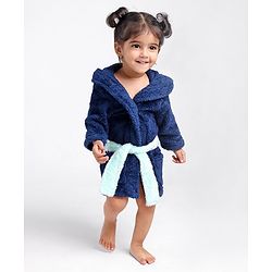 Babyhug Full Sleeves Hooded Velour Bath Robe - Navy Blue