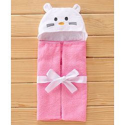 Babyhug Cotton Woven Hooded Cat Embroidery Hodded Towel - Pink