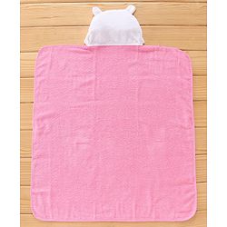 Babyhug Cotton Woven Hooded Cat Embroidery Hodded Towel - Pink