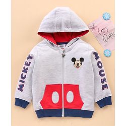 Babyhug Full Sleeves Hooded Sweat Jacket with Mickey Mouse Print & Applique - White Melange