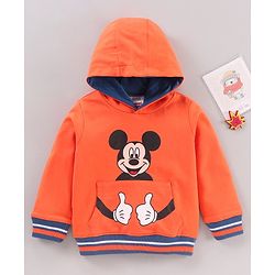 Babyhug Cotton Blend Full Sleeves Hooded Sweatshirt Mickey Mouse Print & Tipping Flat Rib - Orange