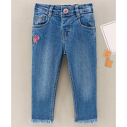 Babyhug Full Length  Washed Denim Jeans  Rose Embroidered - Blue