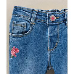 Babyhug Full Length  Washed Denim Jeans  Rose Embroidered - Blue
