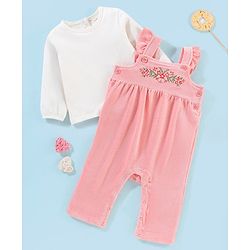 Babyhug 100% Cotton Dungaree With Full Sleeves T-Shirt Floral Embroidery - White & Pink