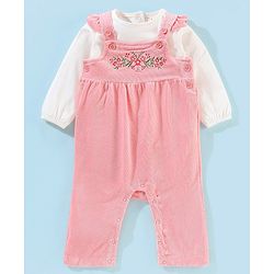 Babyhug 100% Cotton Dungaree With Full Sleeves T-Shirt Floral Embroidery - White & Pink