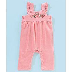 Babyhug 100% Cotton Dungaree With Full Sleeves T-Shirt Floral Embroidery - White & Pink