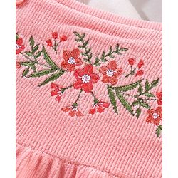 Babyhug 100% Cotton Dungaree With Full Sleeves T-Shirt Floral Embroidery - White & Pink