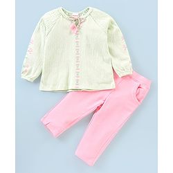Babyhug 100% Viscose Woven Full Sleeves Embroidered Top and Jeggings Set - Pink & Green