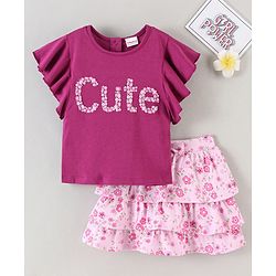 Babyhug Half Sleeves Top and Skirt Floral Embroidery - Purple