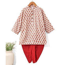 Babyhug Full Sleeves Brocade Kurta & Dhoti Set Floral Print - Cream Orange