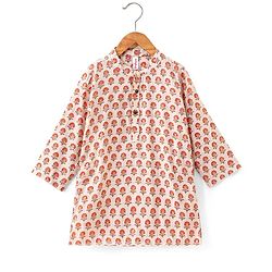 Babyhug Full Sleeves Brocade Kurta & Dhoti Set Floral Print - Cream Orange