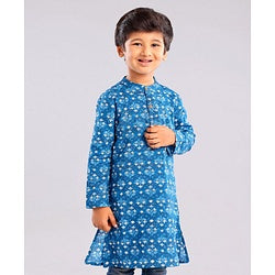 Babyhug Cotton Woven Full Sleeves Floral Printed Kurta - Indigo