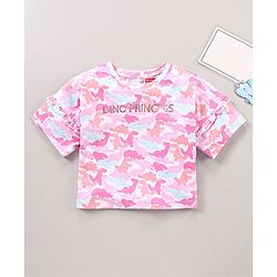 Babyhug Three Fourth Sleeves Drop Shoulder T-Shirt With Dinosaur Print and Frill Detailing - Pink
