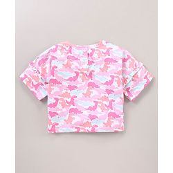 Babyhug Three Fourth Sleeves Drop Shoulder T-Shirt With Dinosaur Print and Frill Detailing - Pink
