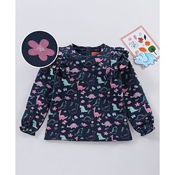 Babyhug Full Sleeves Top With Frill Detailing & Dino Print - Navy Blue