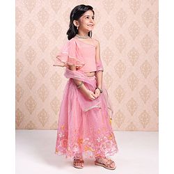 Babyhug Singlet Choli & Lehenga With Net Dupatta Floral Embroidery - Light Pink