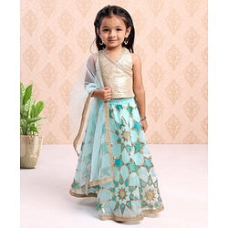 Babyhug Sleeveless Embroidered Choli Lehenga And Dupatta - Aqua