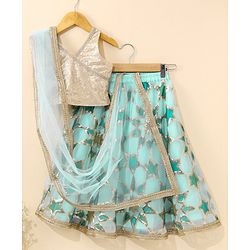Babyhug Sleeveless Embroidered Choli Lehenga And Dupatta - Aqua