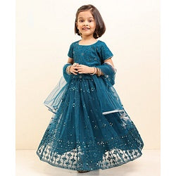 Babyhug Half Sleeves Embroidered Choli Lehenga And Dupatta - Teal