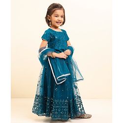 Babyhug Half Sleeves Embroidered Choli Lehenga And Dupatta - Teal